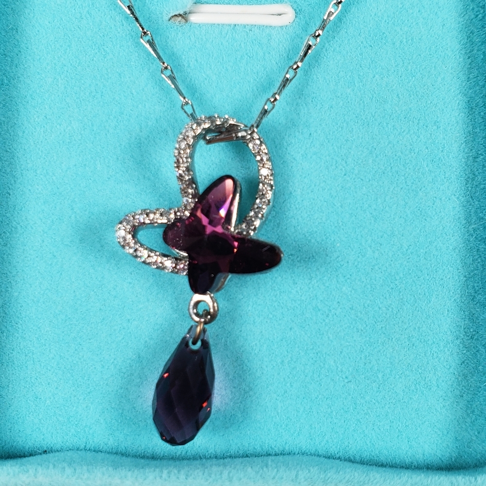 Citled Swarovski Crystal Birth Stone Amethyst Double Butterfly Pendant - Picture 2 of 13